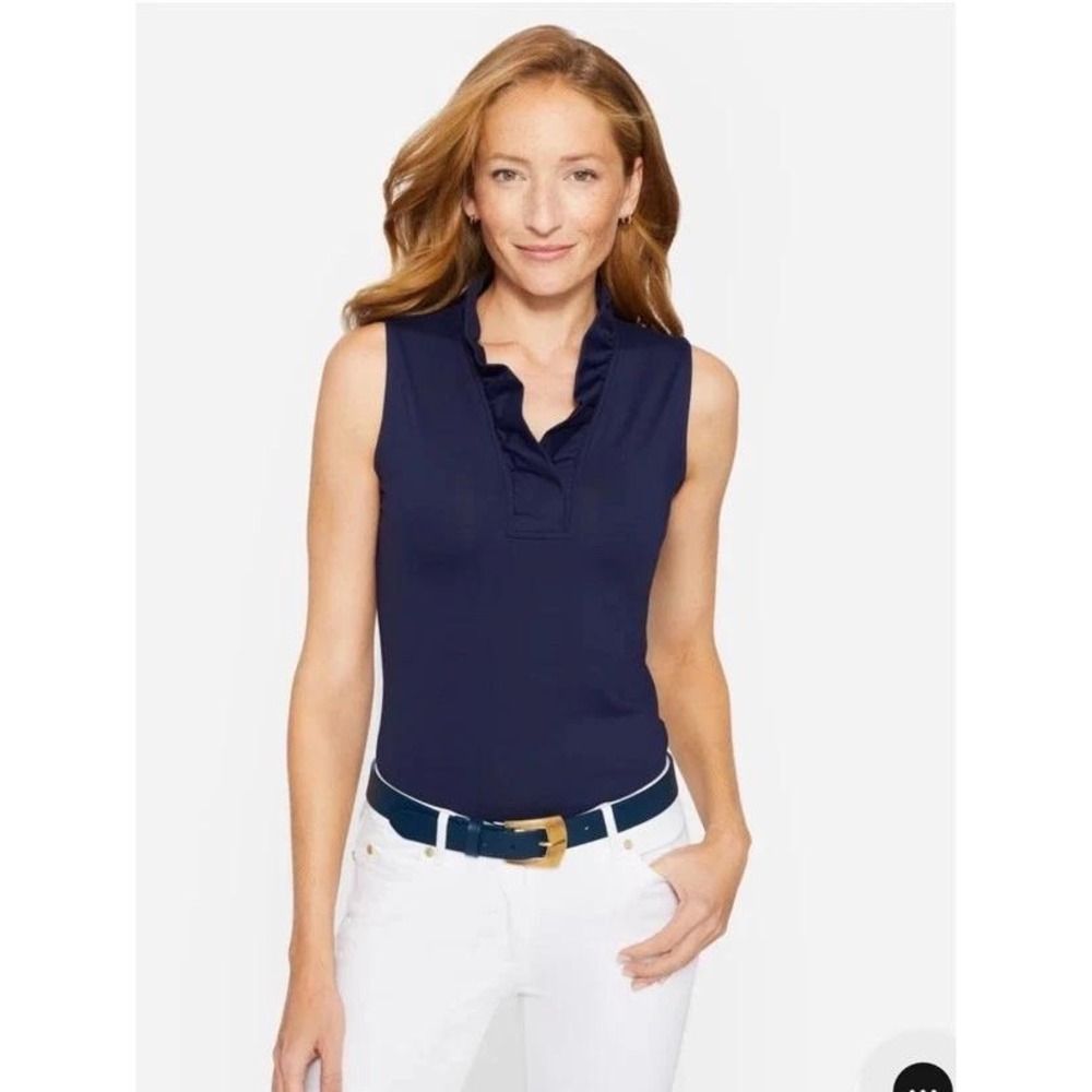 J McLaughlin Sleeveless Ruffle Top Women L Blue VNeck Preppy Coastal Classic